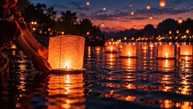 Hand placing a glowing paper lantern onto calm river water at dusk among floating lights and warm reflections