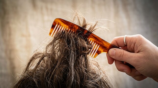 Brown plastic comb struggles with tangled messy hair strands while human hand tries pulling through dry split ends during morning grooming routine in indoor setting close up macro view