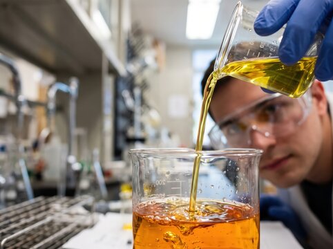 Scientist pouring yellow liquid beaker chemistry laboratory
