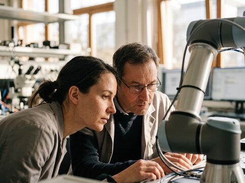 Scientists analyzing robotic arm laboratory research facility