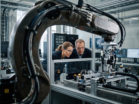 Scientists observing automated robotic arm manufacturing system laboratory