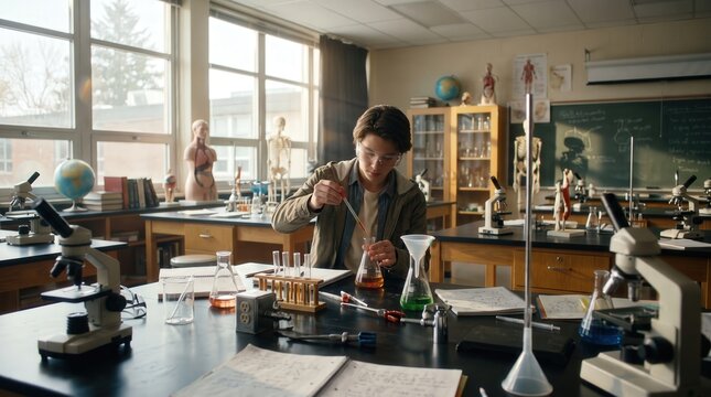 Student conducting chemistry experiment science classroom laboratory