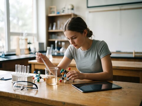 Young female student studying chemistry science laboratory experiment learning