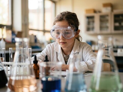 Young girl student wearing protective eyewear studying chemistry science classroom