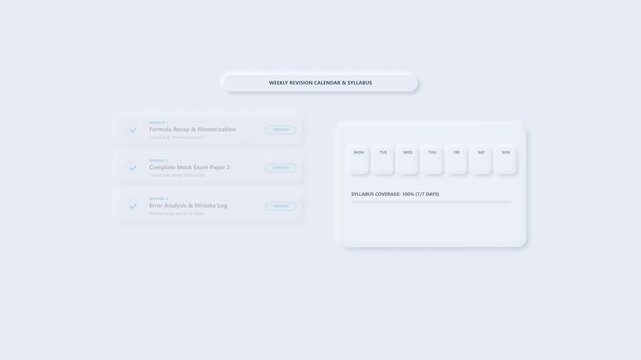 Neumorphic Exam Preparation Checklist and Study Tracker Interface