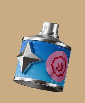 blue spray paint can with a sticker of a smiling face