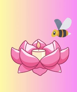 a pink lotus flower with a candle and a bee