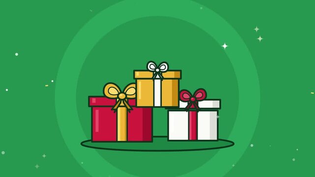 Group of three colorful wrapped gift boxes stands against a green decorative background.