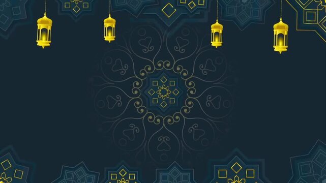 vector illustration of an abstract background​Dark teal and gold Islamic Ramadhan background with hanging golden lanterns and central mandala pattern  
