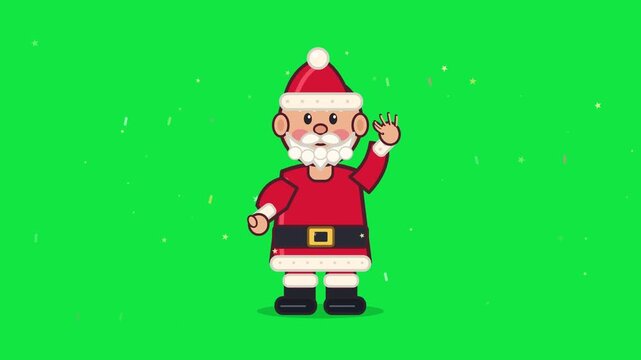 Cartoon Santa Claus stands and waves on a vibrant green backdrop with falling snow particles.