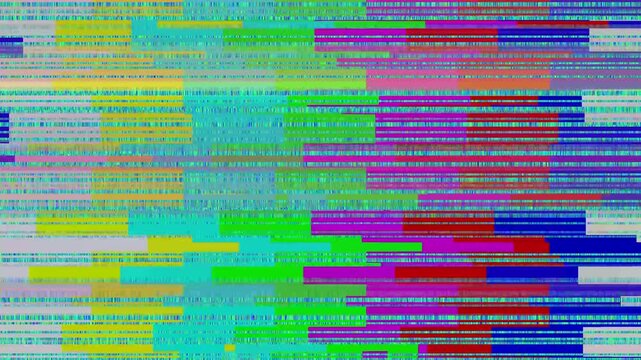 Sequence of glitched digital frames cycling at random, including broken TV color bars, checkerboard patterns, dark grid lines and horizontal pixel noise in teal and magenta.