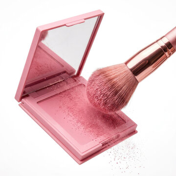 Pink makeup powder compact and brush on white background