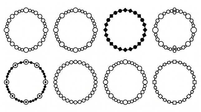 Circular geometric frames and bead borders solid icon set. Featuring dotted circles diamond shapes and square patterns. Monochromatic vector illustrations for graphic design projects