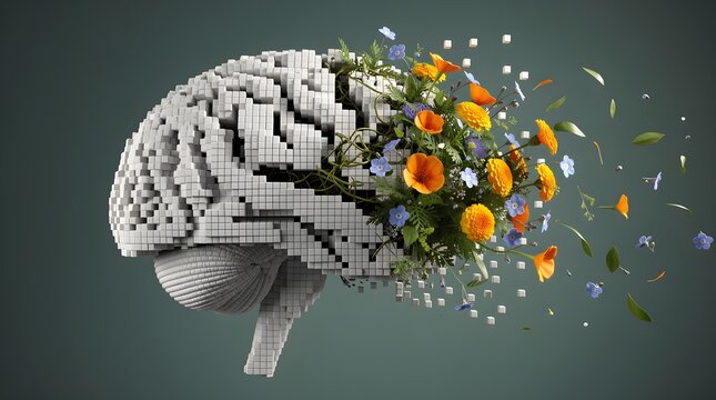 Gray pixel brain with orange poppies, yellow marigolds and falling green leaves, brain healing and renewal concept with drifting cubes on dark green background