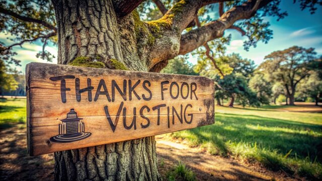 A rustic distressed wooden post stands sentinel beneath a sprawling oak bearing the simple handpainted welcome thanks for visiting