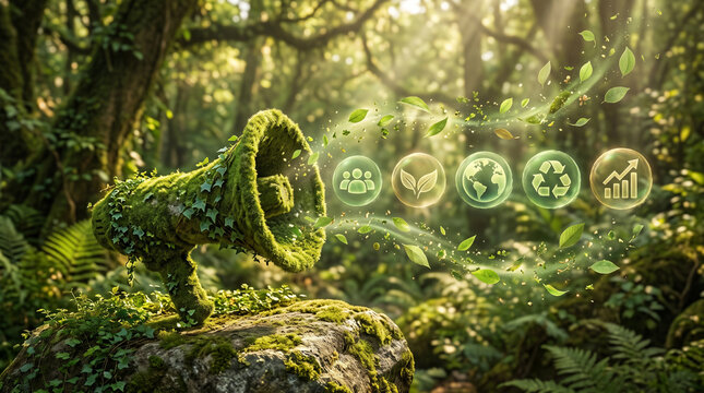 Mosscovered megaphone in a lush forest emitting glowing icons representing sustainability, community, nature, recycling, and economic growth