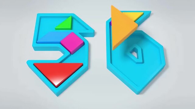 Number six 6 tangram puzzle 3D animation with SIX text for kids
