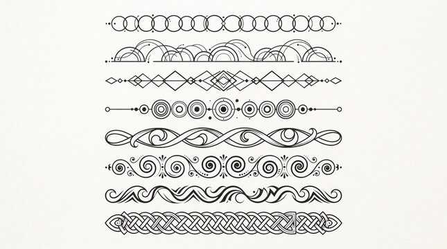 Decorative divider lines and vintage borders set containing circles geometric diamonds concentric rings wavy scrolls and Celtic knots for stationery design