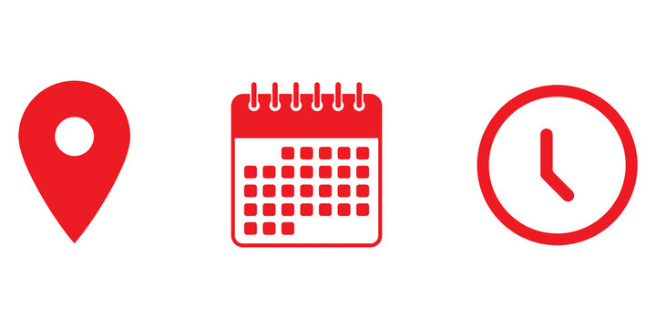 Calendar icon combined with clock and location pin symbols showing time date and address for event banner poster meeting agenda invitation  in red colour