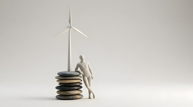A Figurative Representation of Sustainable Energy: A minimalist figure leans against a stack of smooth stones, beside a miniature wind turbine.