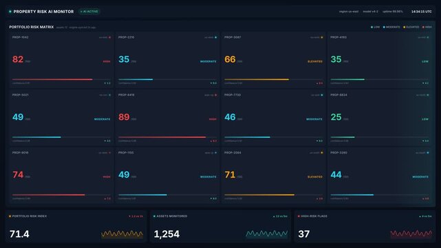 Property risk ai monitor dashboard with portfolio risk matrix with asset scores, for financial analysis, data monitoring, 4k digital decision making technology