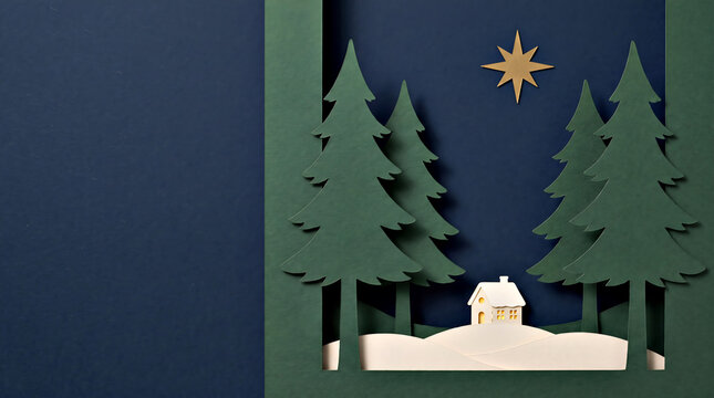 Handcrafted paper cut christmas village with evergreen trees and snow