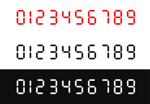 Digital seven segment display numbers set. Electronic red black and white LED clock digits counter scoreboard typography vector