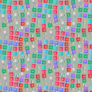 Medical pattern with crosses, pills, and IV bags