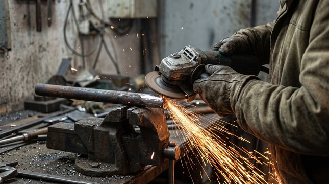 Worker using an angle grinder on metal pipe in workshop