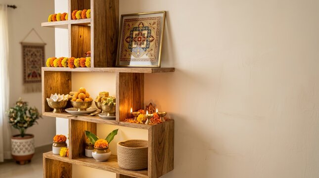 Modern wooden shelving unit decorated for indian festival with brass bowls of sweets flower garlands and burning oil lamps against neutral wall.