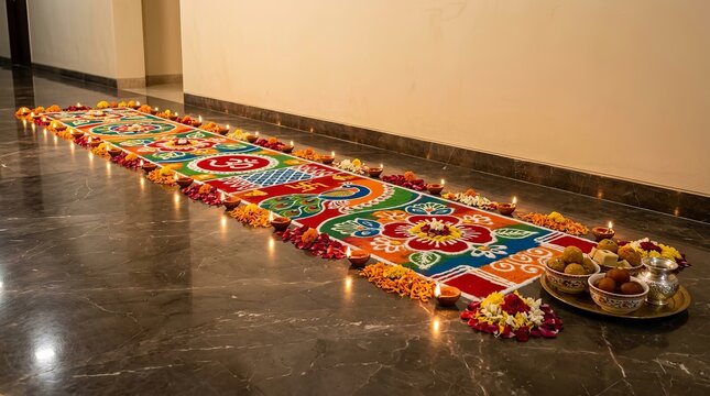 Long rangoli design with vibrant powders and diyas creating traditional festive decoration for home entrance during diwali celebration cultural event.
