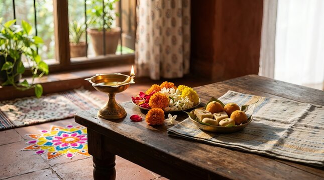 Golden brass diya lamp with marigold flower offerings and indian sweets on wooden table beside floral floor rangoli for diwali festival home scene.