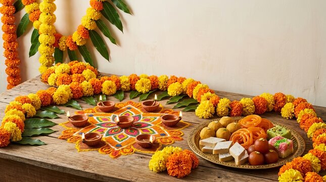 Diwali festival background with traditional flower garlands and colorful rangoli floor art beside assorted indian sweets on rustic wooden table setting.