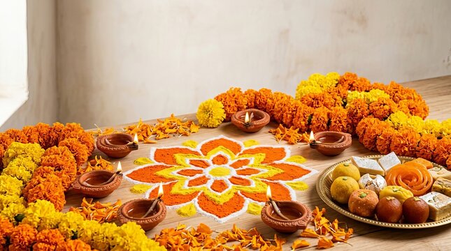 Festive diwali rangoli design with multiple lit terracotta lamps and assorted traditional indian sweets served on golden plate during autumn holidays.