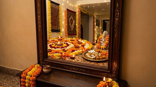Decorative mirror reflecting traditional rangoli floor art with marigold flowers and diya lamps arranged for auspicious diwali festival home worship.