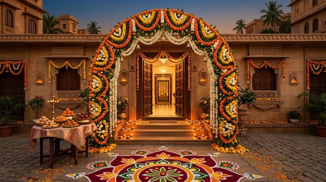 Grand entrance archway decorated with vibrant marigold garlands and rangoli art welcoming guests to traditional indian home during festive diwali season.