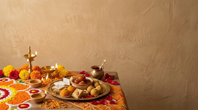 Indian festival celebration table arrangement with traditional sweets brass lamps colorful marigold flowers and hand drawn rangoli art on wood surface.