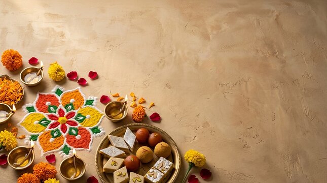 Top view of vibrant floral rangoli pattern surrounded by glowing oil lamps assorted indian sweets and marigold petals on neutral textured background.
