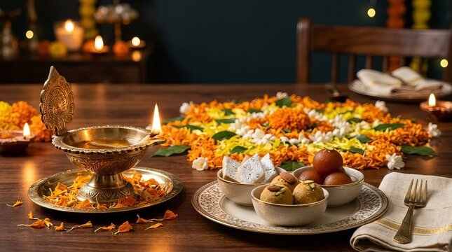 Elegant brass diya oil lamp with marigold floral rangoli and indian sweet bowls set on wooden table for festive diwali celebration dinner setting.