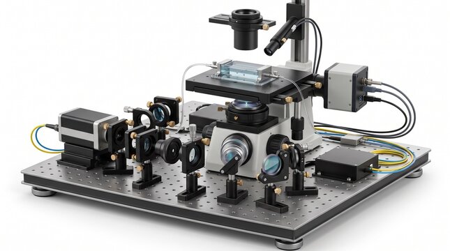 Optical tweezer system trapping Optical microscope system mounted on a breadboard platform features laser light sources, lenses, and fluidic stage.