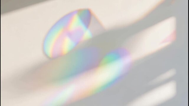 Rainbow light refractions and iridescent shadows shifting across a white surface.