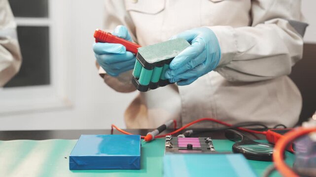 Technician handling lithium iron phosphate battery in workshop Great for clean energy campaigns, EV content, or sustainable tech education