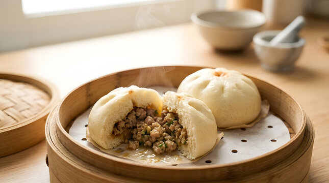 Steamed pork bun salapao split open in a bamboo steamer on a wooden table