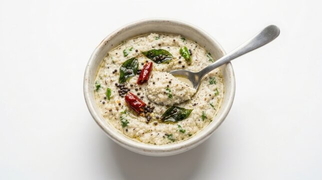 Traditional indian coconut chutney in a small ceramic bowl with a spoon food side dish serving mustard seeds curry leaves red chili white background condiment tempered authentic
