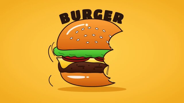cartoon hamburger animation starting completely intact and whole, then suddenly struck by a delicious cartoon bite effect 