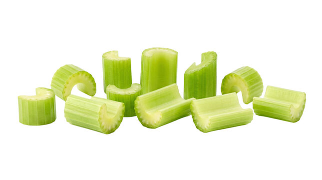 Assorted cut pieces of fresh green celery isolated on transparent png