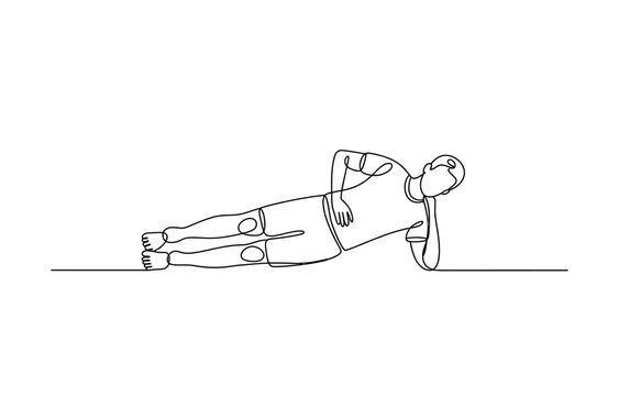 Continuous single line drawing of a man doing side plank exercise for core workout training