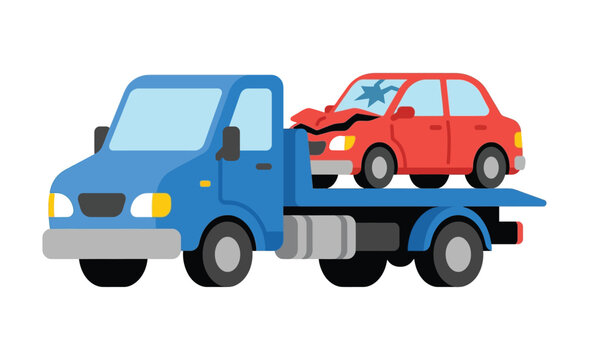 Flat vector illustration depicts a blue tow truck transporting a damaged red car