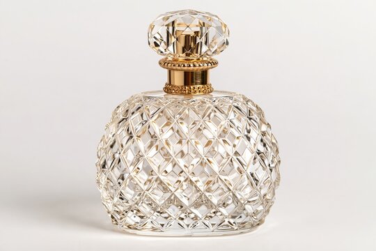 Elegant cut glass perfume bottle with ornate golden cap isolated on clean white background