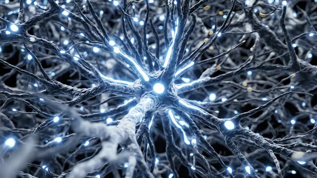 Neurons with numerous glowing synapses forming complex branching pathways. As neural activity continues, weaker and less frequently used synaptic connections gradually dim and fade into the background